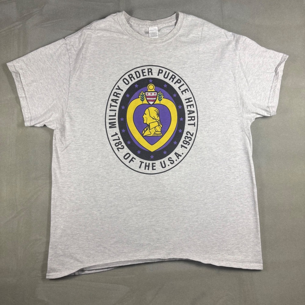 Gildan Military Order Purple Heart USA T-Shirt Mens XL Heather Gray Graphic Tee